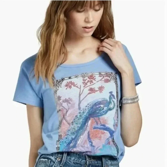 Lucky Brand Tops - Lucky Brand Light Blue Metallic Peacock Graphic T-Shirt M